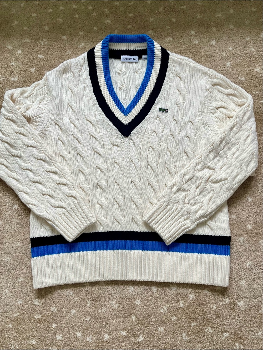 Lacoste Cream Cable-Knit V-Neck Sweater with Blue and Black Trim